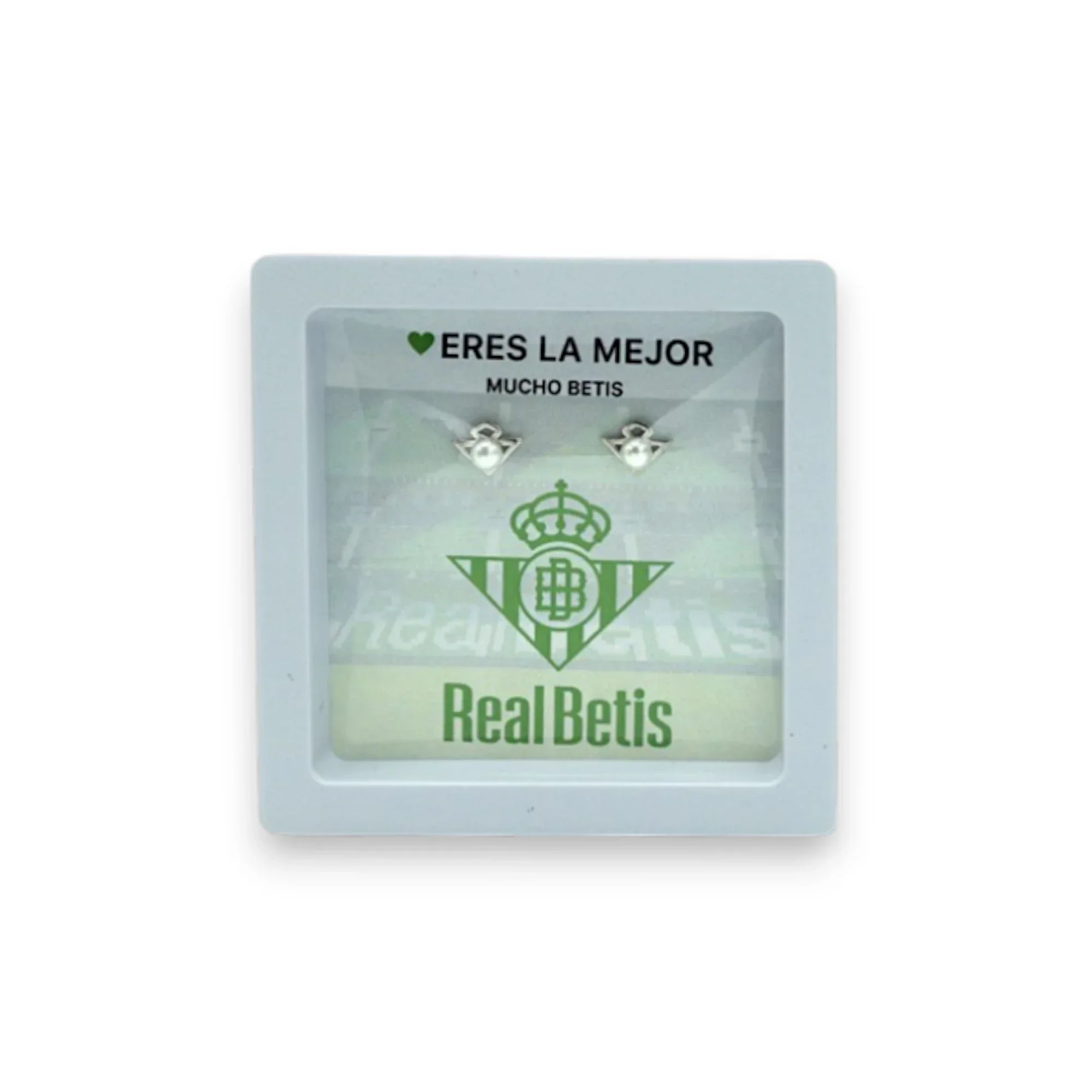 Pendientes de Plata de Ley Perla Escudo Real Betis con Tarjeta Eres la Mejor