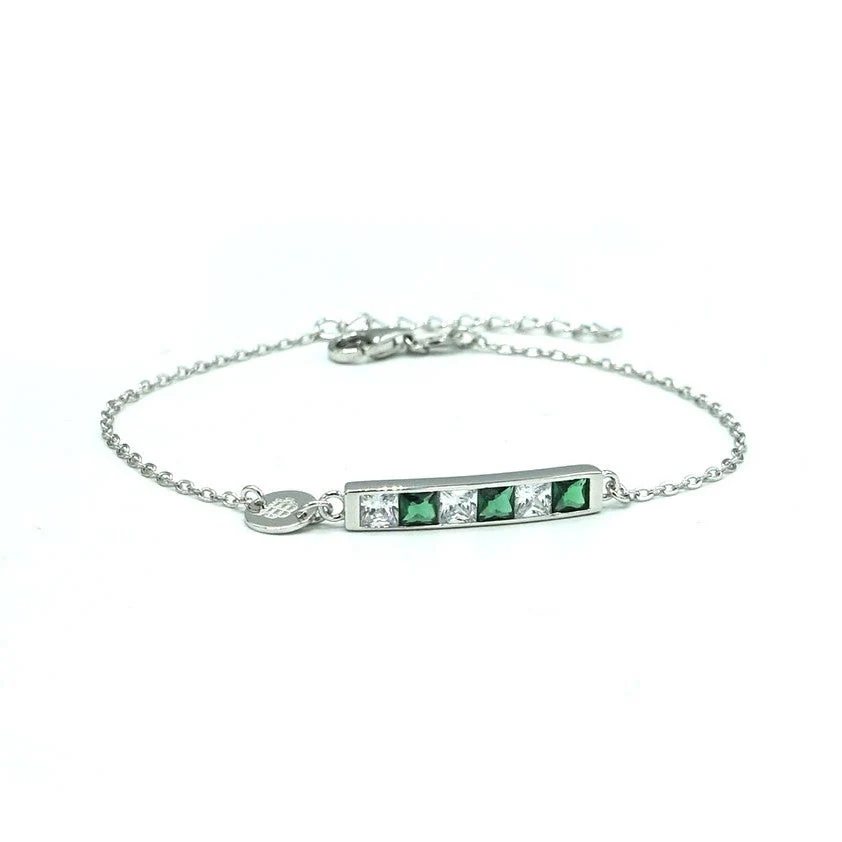 Pulsera De Plata De Ley Con Piedras Blancas / Verdes
