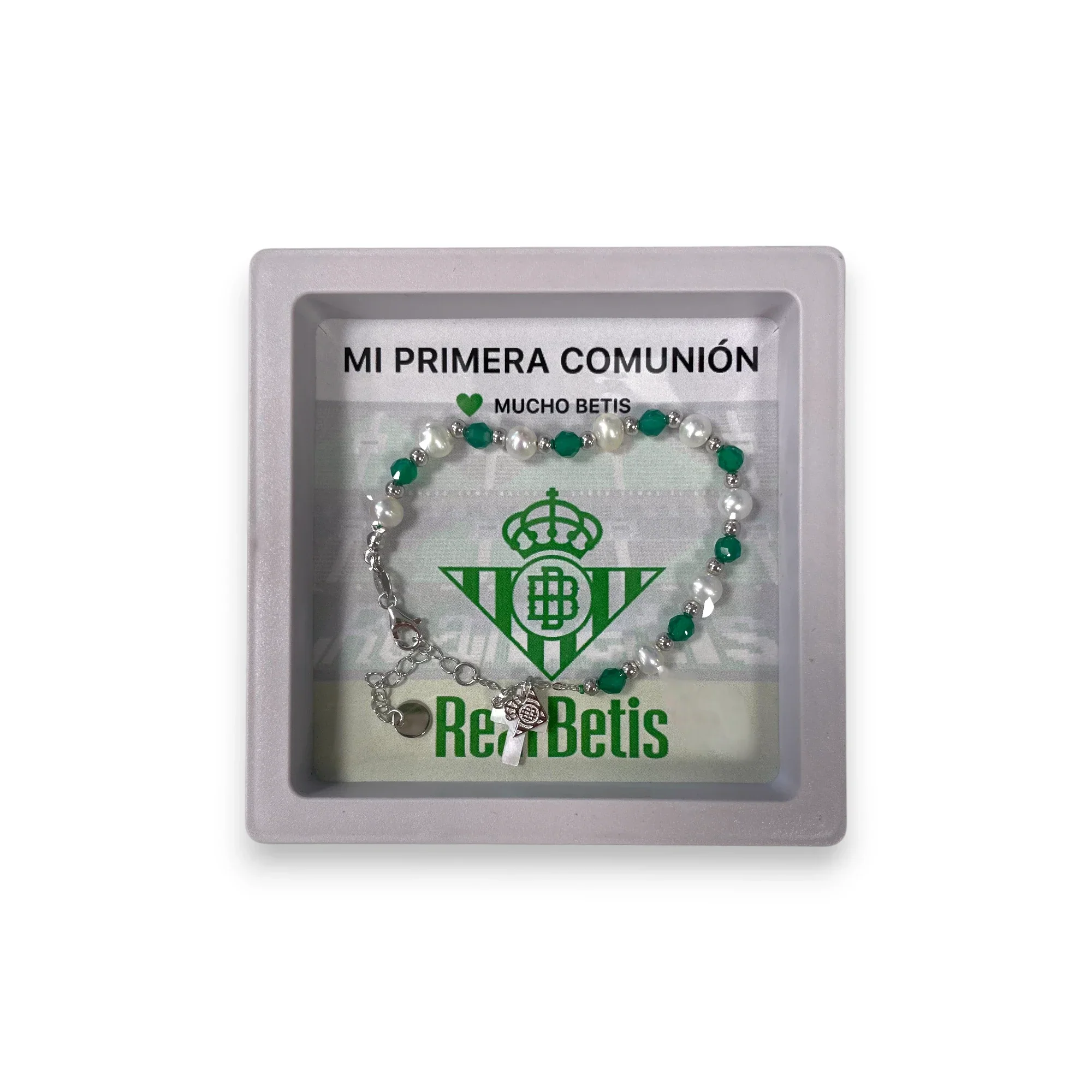 Pulsera Plata de Ley/Nácar Bolas Cruz Real Betis